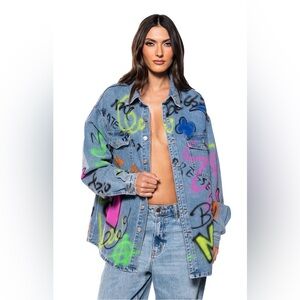 Graffiti Print Oversized Denim Jacket - Neon Accents